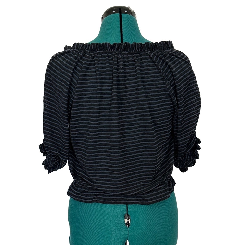 Free People Peasant Blouse Striped Off Shoulder Medium Black Blue Boho Crop Top - Picture 4 of 8